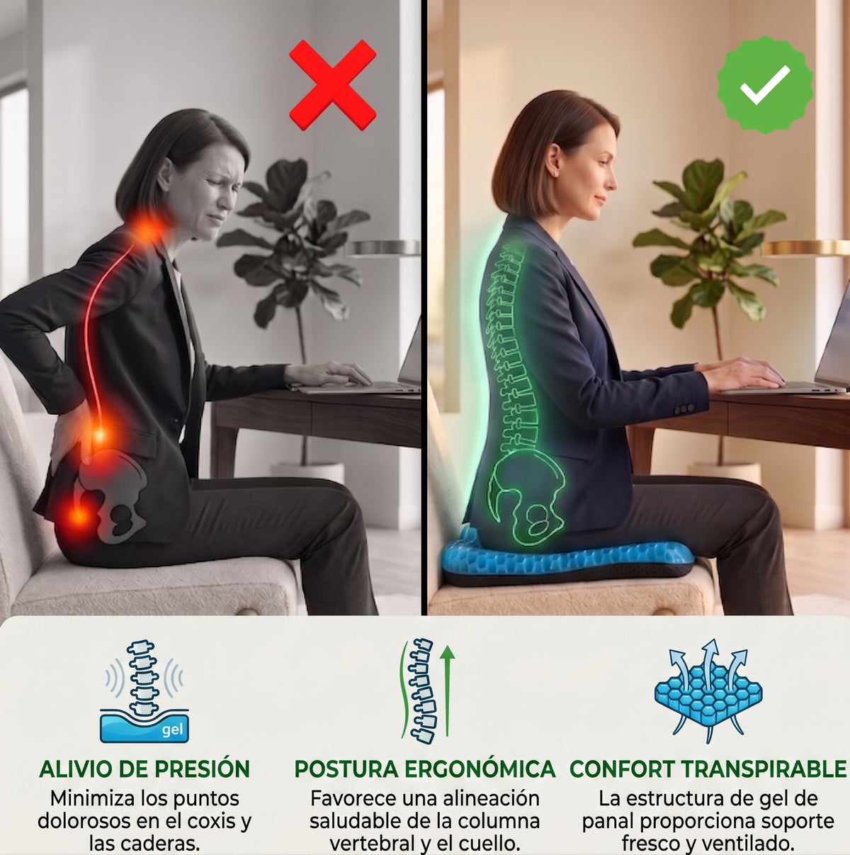 Cojín de gel viscoelástico con forma de panal